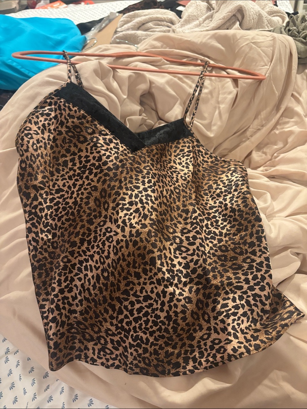 Gilligan & O'Malley Leopard Print Satin Camisole with Black Trim